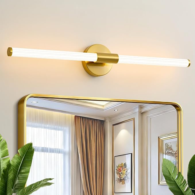 Dimmable LED Bathroom Vanity Lights 360° Full Lighting Bathroom Light Fixtures Over Mirror Vanity Light Bar Modern Wall Sconce Warm White for Bedroom Living Room Hardwired Gold, 31 inch