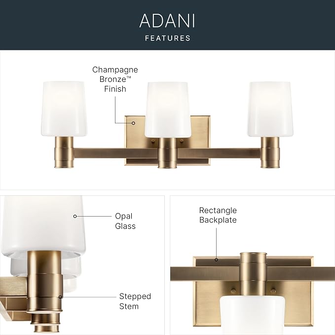 Kichler Adani 3-Light Bathroom Vanity Light, Champagne Bronze | Modern vanity light with opal glass for bathrooms and powder rooms (24" x 8.25"), 55176CPZ