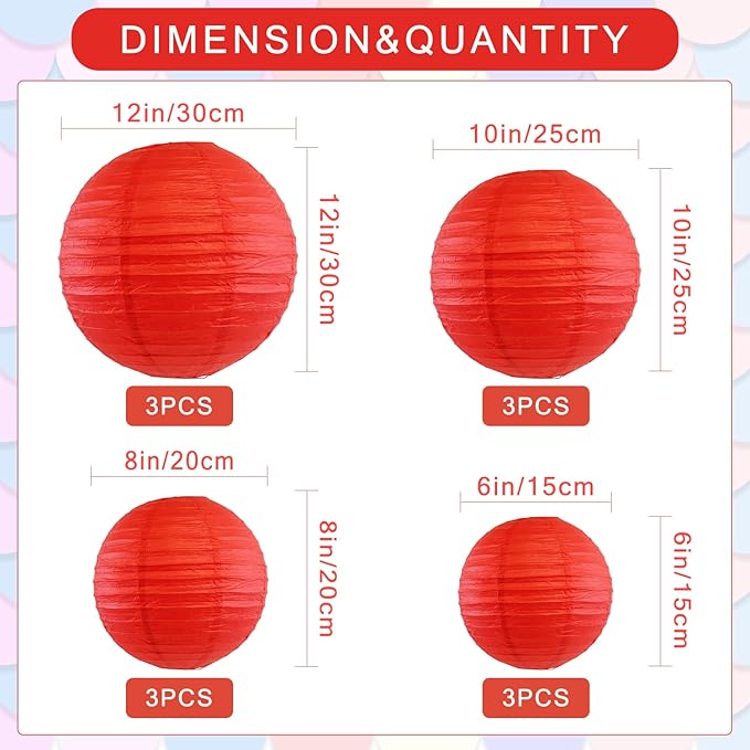 12Pcs Round Paper Lanterns Assorted Sizes (6" 8" 10" 12") for Lunar New Year 2026, Chinese New Year Decorations, Wedding Birthday Home Decor, Hanging Chinese Japanese Paper Lantern Lamps (Red)