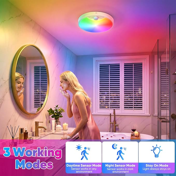 Rechargeable Motion Sensor Ceiling Light, 12000mAh RGB Battery Closet Light | Wireless Battery Powered LED Shower Light, Magnetic Cordless Ceiling Light with Remote, Overhead Lamp for Pantry Shed, 2-Pack