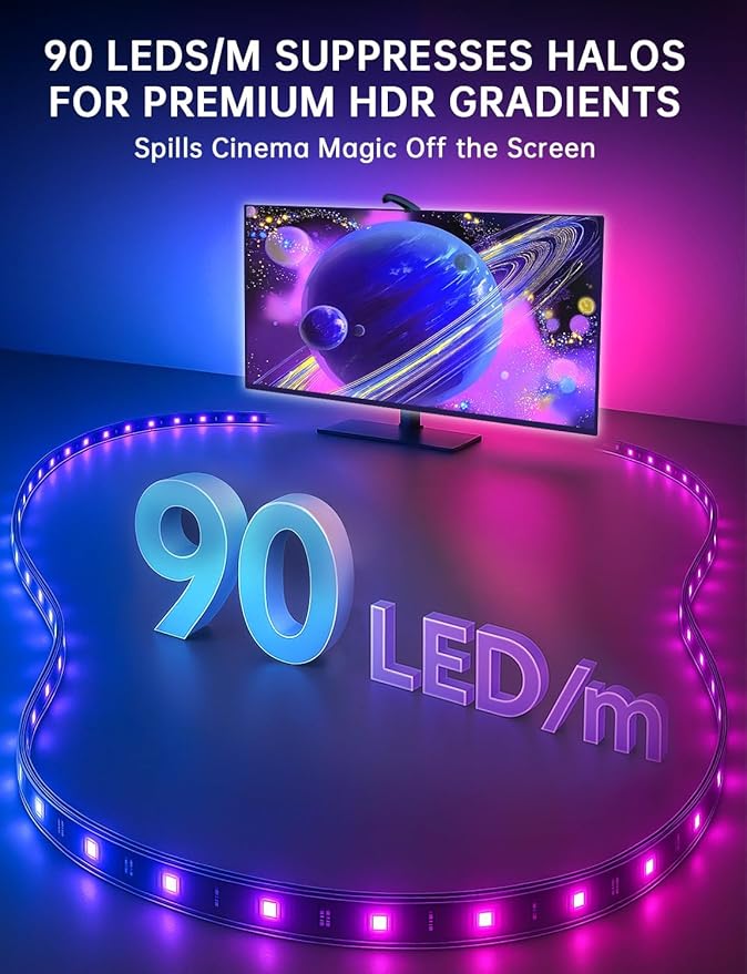 TV LED Backlight with Sensor, 14.7ft Cuttable RGB Strip Lights for 55-65 Inch Screen & PC Monitor, Smart App Control, Game and Music Sync Color that Changing