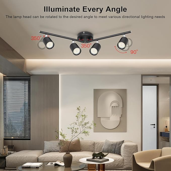 4-Light Track Lighting Fixtures Ceiling, GU10 Black Led Ceiling Spotlight, Modern Track Light Kit for Kitchen Hallway Living Room
