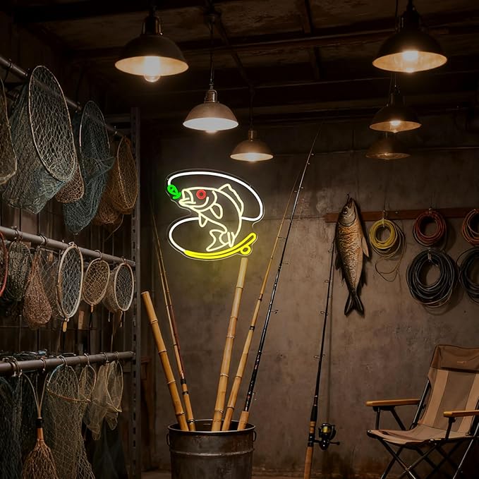 Fishing Neon Sign, Dimmable Fish LED Neon Lights for Wall Decor, USB Powered Fishing Hook Neon Lights for Man Cave, Cabin, Living Room, Fishermen Gifts (14.6 x 13.3 in)