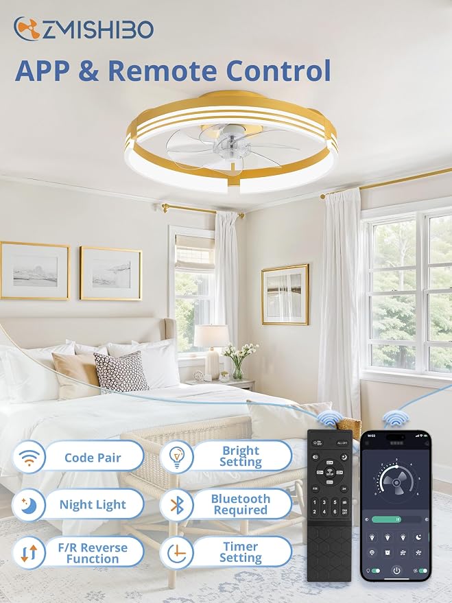 ZMISHIBO Low Profile Ceiling Fans with Lights and Remote, 20" Gold | 3000K-6000K Dimmable Fandelier LED, Flush Mount, 6 Wind Speeds, Reversible, Timer, Bedroom, Living Room, Kitchen, Kids Room