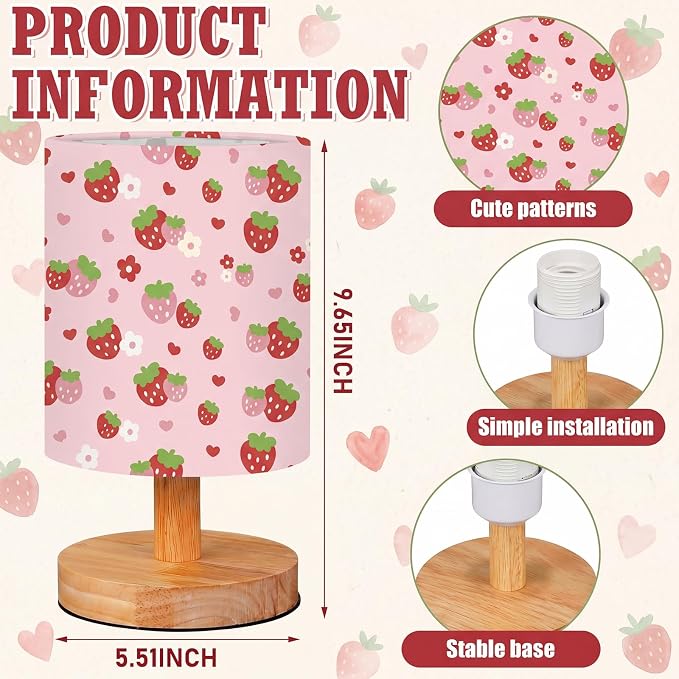 Strawberry Kids Table Lamp for Bedroom Kids Bedside Lamp with Linen Wooden Nightstand Cartoon Nursery Lampshade for Girls Boys Living Room