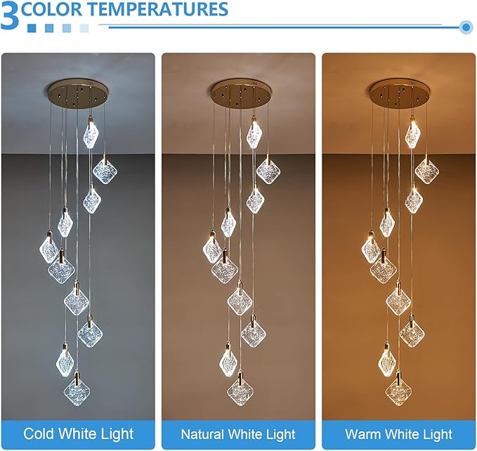 Staircase Crystal Chandelier 10-Light Pendant Light, Modern Square LED H118 High Hanging Ceiling Fixture with Gold Base for Living Room, Dining Room, Kitchen, and Hallway
