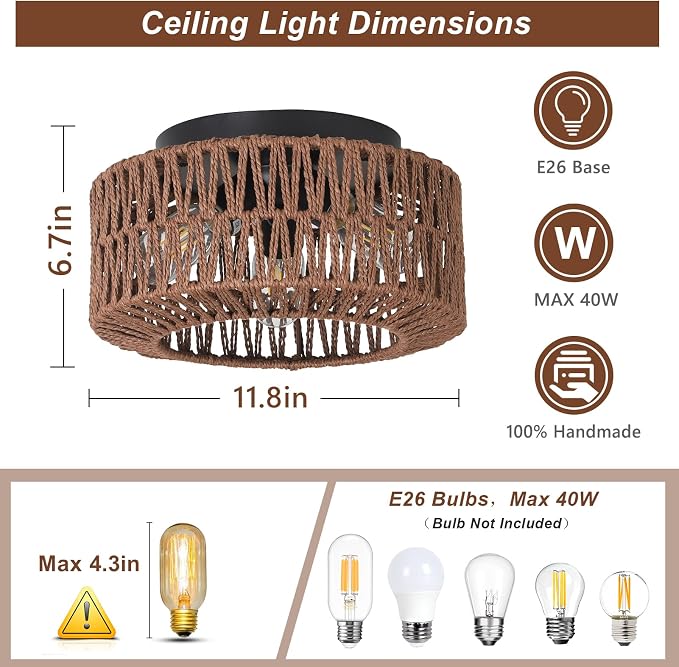 PAUFUL Boho Light Fixture，3-Light Farmhouse Rattan Light Fixtures Ceiling Mount，Flush Mount Ceiling Light with Hand-Woven Shade，Modern Chandelier for Living Bedroom Entryway Kitchen Nursery
