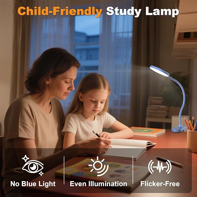 Rechargeable Desk Lamp with Clamp, 97 LED Eye-Care Table Light for Kids Bedroom with 3 Color & 10 Brightness, Cordless Clip on Lamp for Bed Book Reading Crafting Drawing Gaming Puzzle (Blue/4.7'') | 10 Brightness Levels, Clamp Lamp with USB-C, 15.8'' F...