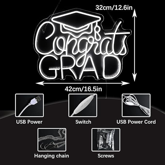“Congrats Grad” White Neon Sign – 16.5×12.6 in Crisp LED Backdrop for Grad Photos, 6000K Bright Light, Dimmable with Wired Dimmer, Includes Wall Anchors – Tech Grad Gift