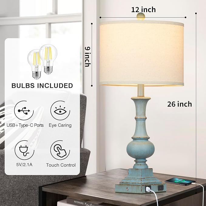 26" Farmhouse Table Lamps Set of 2, Rustic Touch Control Bedside Lamps with 2 USB Ports & AC Outlet, Vintage Resin 3-Way Dimmable Nightstand Lamp Linen Fabric Shade for Living Room Bedroom Decor Blue
