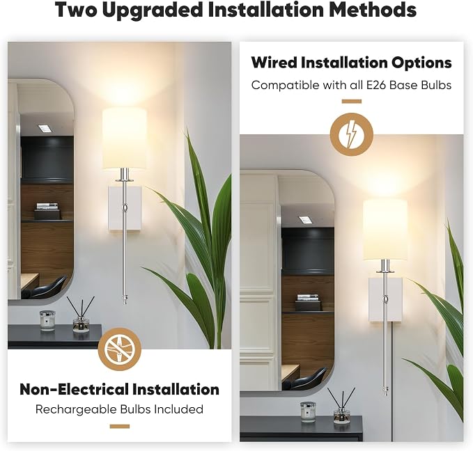 24 Inch Battery Operated Wall Sconces Set of 2 with Remote, Brushed Nickel Rechargeable Wireless Wall Lights with White Fabric Shade, Cordless Wall Lamps with Dimmable Detachable Bulbs for Bedroom
