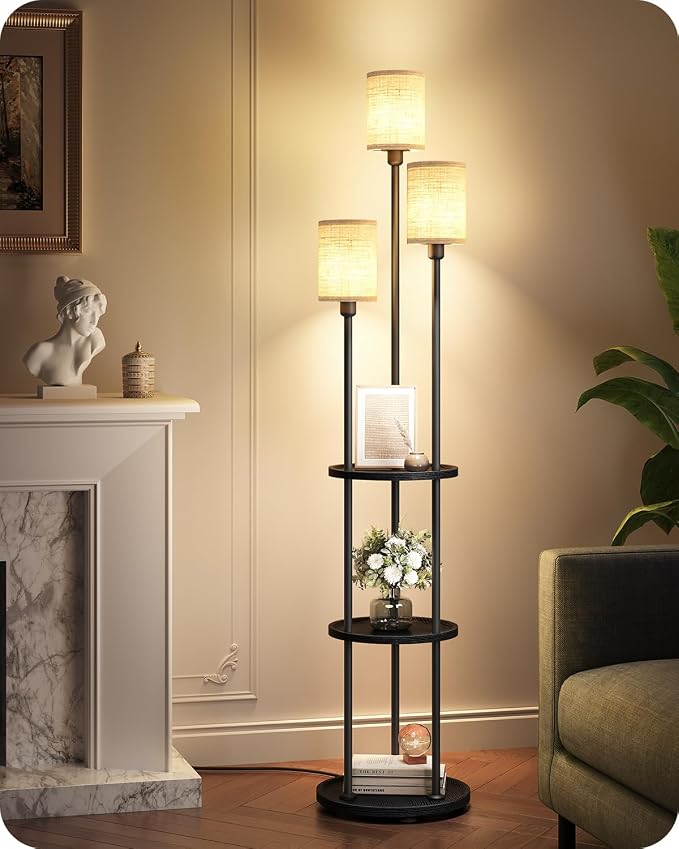 Floor Lamp with Shelves, 3-Light Floor Lamps for Living Room, Modern Standing Lamp with Linen Shades and Foot Switch, 66.1'' Tall Corner Lamp for Bedroom, Office, E26 Base, Black and Beige