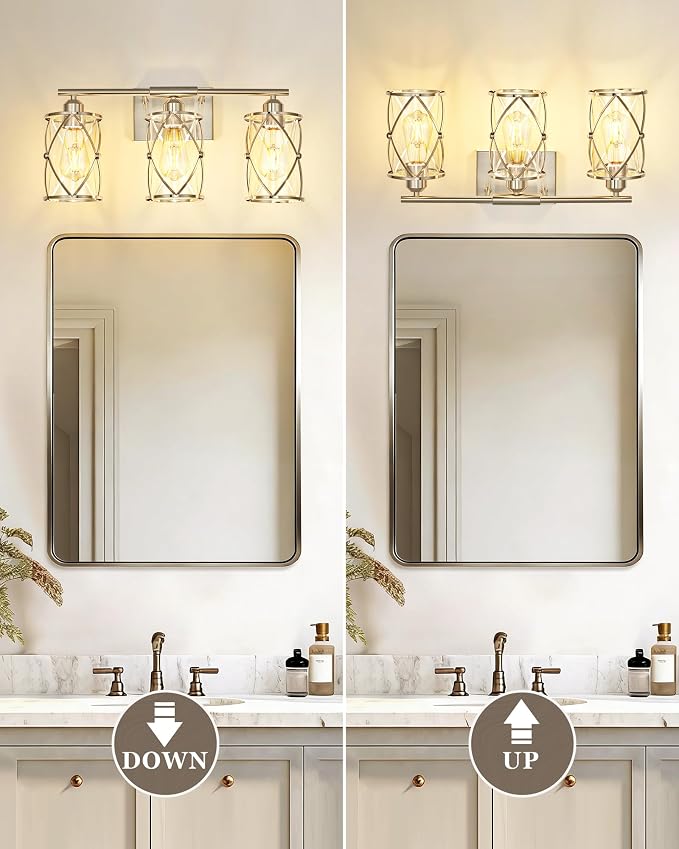 3-Light Brushed Nickel Bathroom Light Fixtures, 21 Inch Modern Bathroom Vanity Lighting Fixtures Over Mirror with Clear Glass and Metal Cage Wall Sconce Lights for Bath, E26, CH9176BN-3W