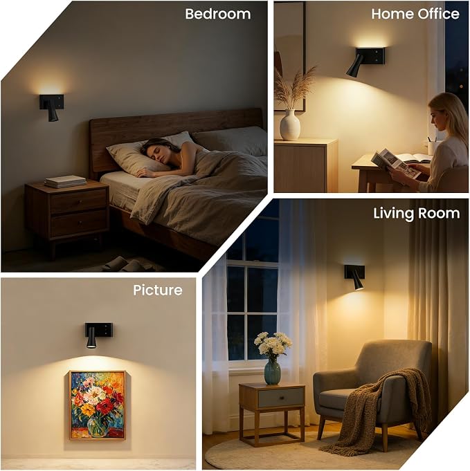 Wall Sconce Battery Operated Reading Lights, 10000mAh Rechargeable Wireless LED Wall Lights, 3 Color Temperatures Dimmable Bedside Lamps for Bedroom Living Room, 1 Pack