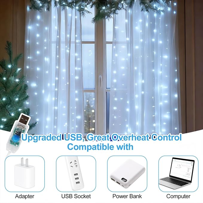 Fairy Curtain Lights Upgraded Tangle-Free Cool White USB Plug in 8 Modes String Hanging Lights with Remote for Christmas, Bedroom, Indoor, Outdoor, Weddings, Party (10FTx10FT)