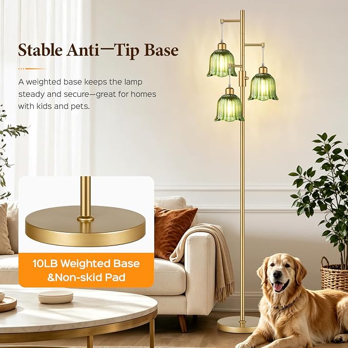 Dimmable Flower Floor Lamp, 3 x 900LM LED Bulbs Included, Modern | 70" Gold Tree Standing Lamp, 3 Lights Elegant Green Glass Flower Shade, Vintage Floor Lamps for Living Room, Bedroom, Office