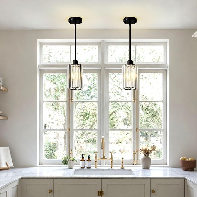 5.1" Mini Modern Black Crystal Kitchen Island Pendant Lights 2 Pack | Small Crystal Glass Shade, Sparkling Crystal Reflections, Customizable Hanging Height, Fits Most Ceilings, Matte Black Finish