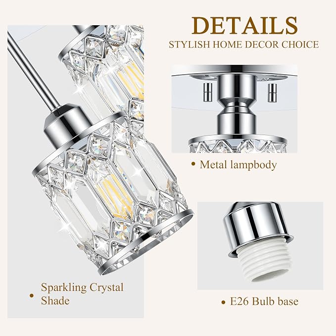 Chrome Crystal Ceiling Light Fixture, 3-Light, E26 | Modern Semi Flush Mount Ceiling Light, Kitchen Lighting Fixtures Ceiling for Hallway Bedroom Bathroom Laundry Room