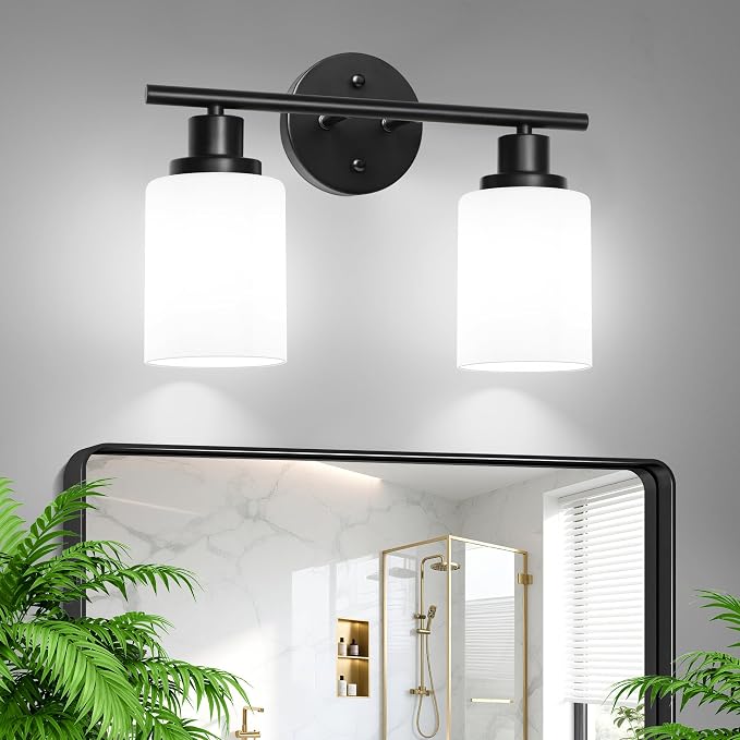 2 Light Bathroom Light Fixtures, Modern Vanity Lights with Milky Glass Shade, Black Wall Lamp Over Mirror for Bathroom, Living Room, Cabinet, Bedroom, E26 Base
