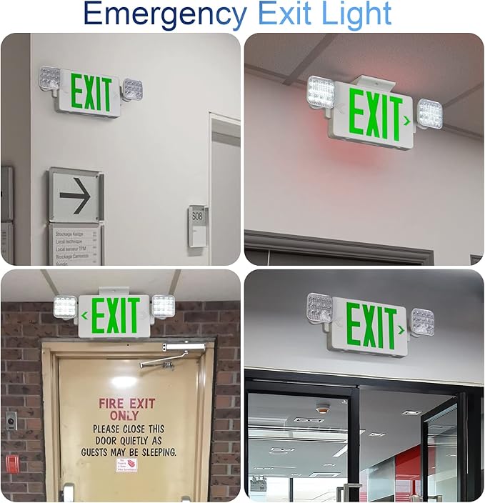 TANLUX Green Exit Sign with Emergency Lights, LED Emergency Exit Light with Battery Backup, UL Listed, AC 120/277V, Commercial Emergency Lights Combo for Business - 2 Pack