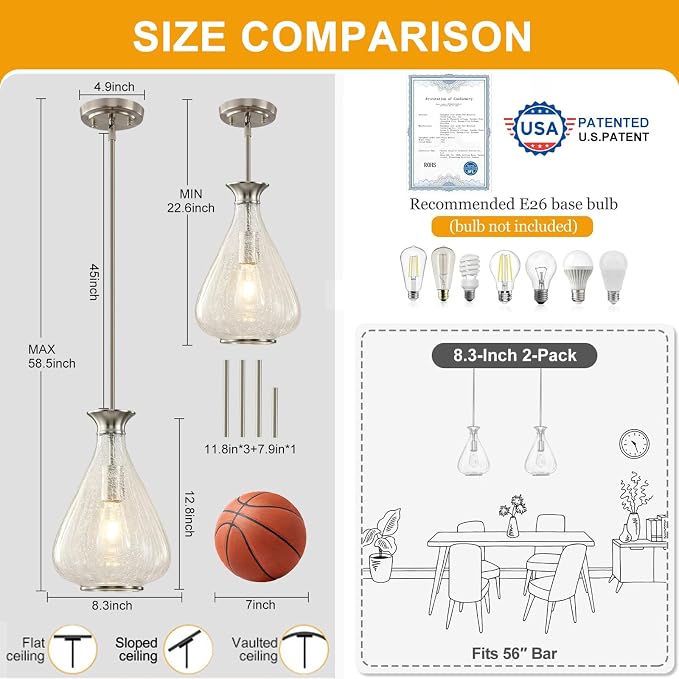 2 Pack Modern Pendant Lights Kitchen Island, Brushed Nickel Pendant Light Fixtures with 8.5" Clear Crack Glass Shade, Industrial Hanging Pendant Lights Fixture for Kitchen Island Dining Room Entryway