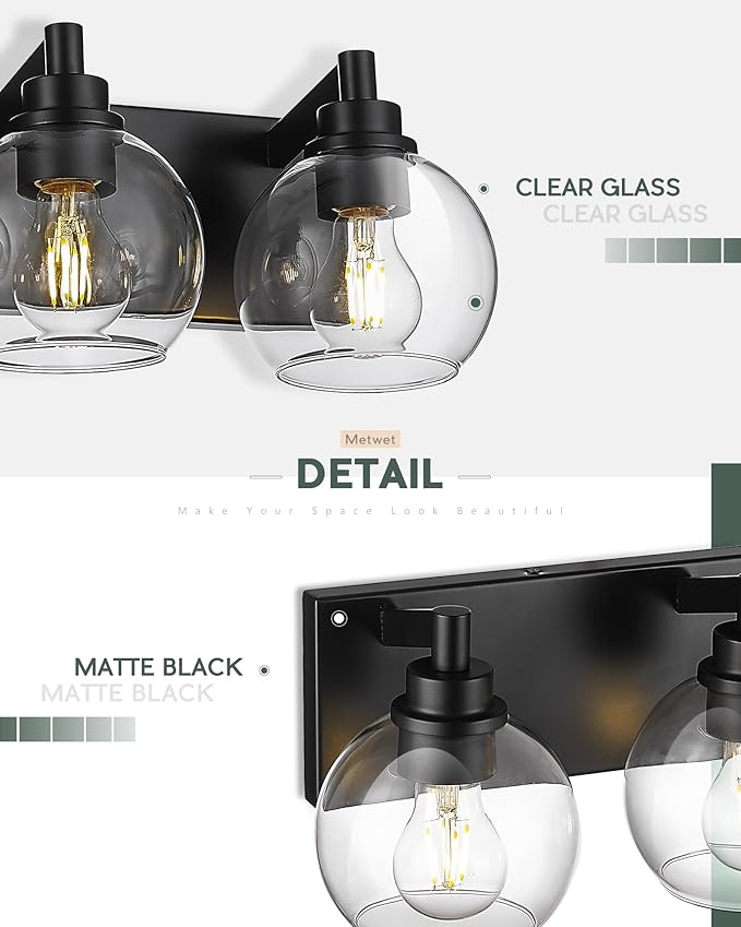 8-Light Bathroom Light Fixtures, Matte Black Vanity Light, 52 Inch Modern Wall Sconces with Globe Clear Glass Shade, Vanity Lighting Fixtures Over Mirror, VL195-MB-8