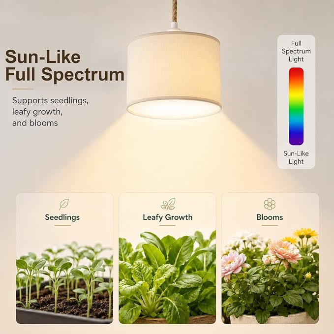 2 Pack Hanging Grow Light for Indoor Plants, Full Spectrum LED | with Timer, 3500K Decorative Hanging Lamp, 19.68FT Power Cord, For Living Room Bedroom Office Plant Shelf