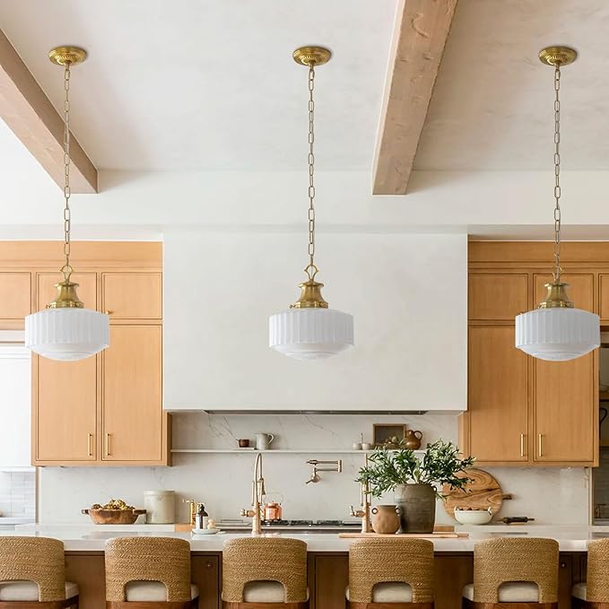 Milk Glass Pendant Light, 10.63" White Pleated Glass Chandelier, Vintage Brass Antique Pendant Lights, for Kitchen Island Lighting, Hallway, Bedroom, Dining Room, Foyer, E26 Bulb Included
