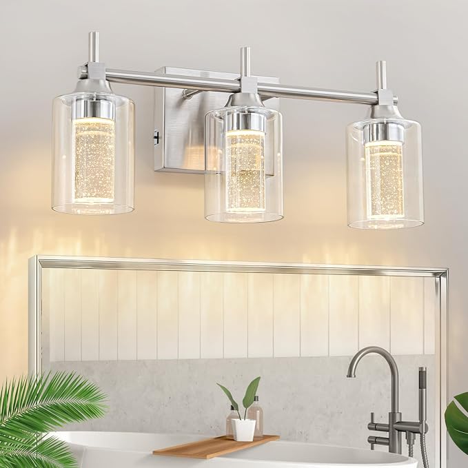 Vanity Light with 3 Color Modes (3000K/4000K/6000K), Eye Protection LED Bathroom Light Fixture, Dimmable Modern Wall Light Over Mirror with Clear Glass Shade (Brushed Nickel, 3-Light)