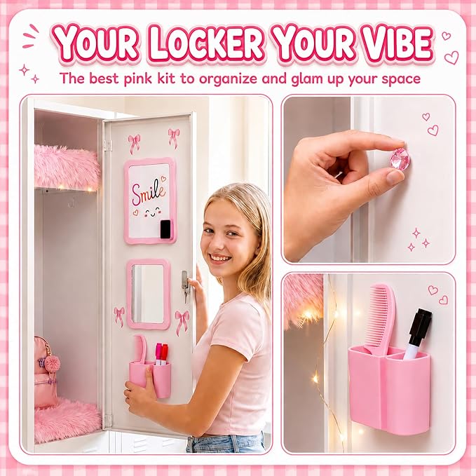 20 PCS Pink Locker Accessories Kit Back to School for Girls | Locker Decorations with Magnetic Mirror Dry Erase Whiteboard Pen Holder Rug String Lights Markers Magnets Hooks and Stickers