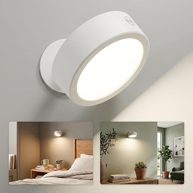 EZVALO LED Wall Mounted Light, 3000mAh Rechargeable Cordless Wall Sconce, 3 Color Temperatures, Dimmable with Remote & Touch Control, 360° Rotatable for Bedroom, Bedside, Reading, Study (White)