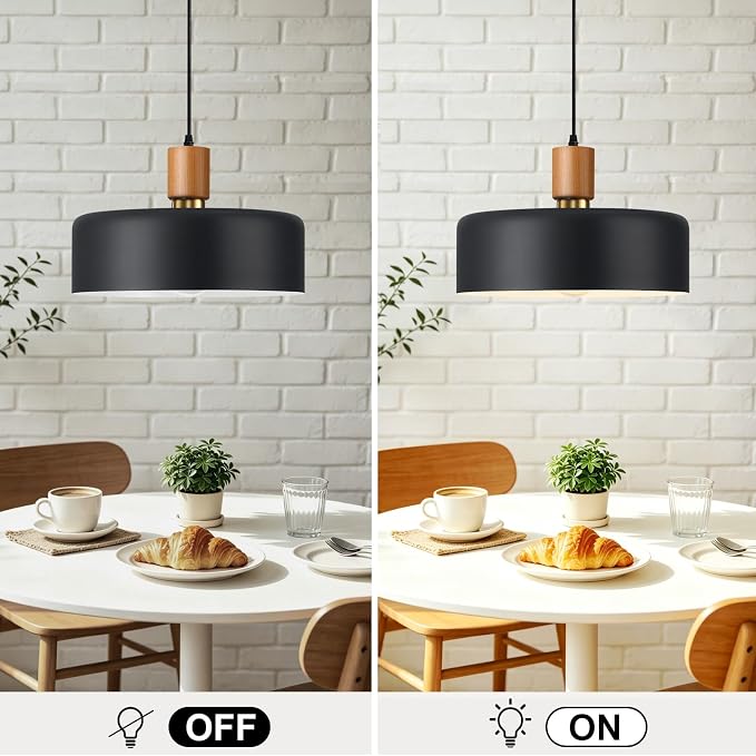 15.8" Black Pendant Light, Large Oversized Walnut Oak Wood & Brass Drum Shade