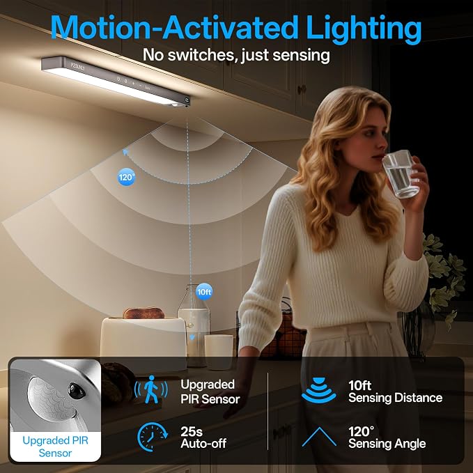 5-Pack Under Cabinet Lighting Wireless Motion Sensor Light Indoor | 14.2inch Rechargeable,3Color Dimmable,Power Display,LED Closet Light Magnetic with Remote,Under Counter Lights for Kitchen