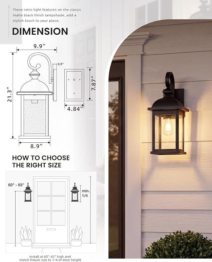 FEMILA 21" Outdoor Wall Light Fixture, 2 Pack Modern Outdoor Wall Sconce, Rust-Proof Waterproof Wall Light with Seeded Glass, Ideal for Porch, Patio, Entryway, Garage, 4FD54B2-2PK BK