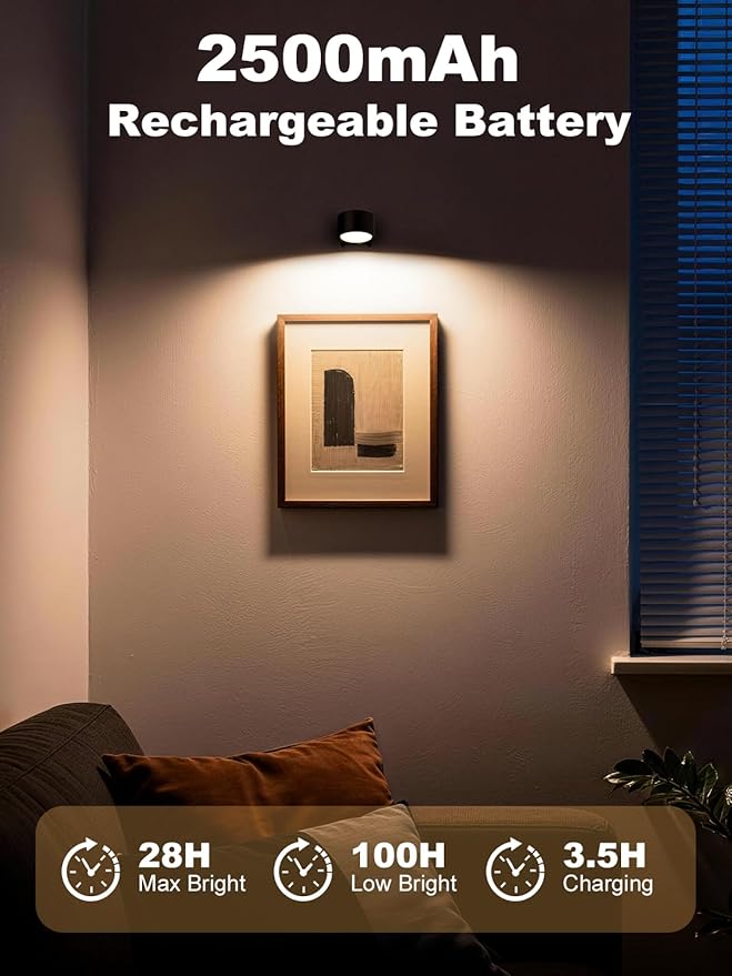 Smiling Shark Wall Light F9, Rechargeable Wall Mounted Lamp LED 3 Color & 4 Brightness Stepless Dimming 360° Rotate Magnetic Ball Cordless Wall Sconce Lamp for Bedroom Reading Bedside (1, Black)