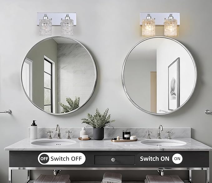 Chrome 2-Light Crystal Bathroom Vanity Light Fixture Over Mirror, Modern Bathroom Wall Light for Living Room, Bedroom, Hallway