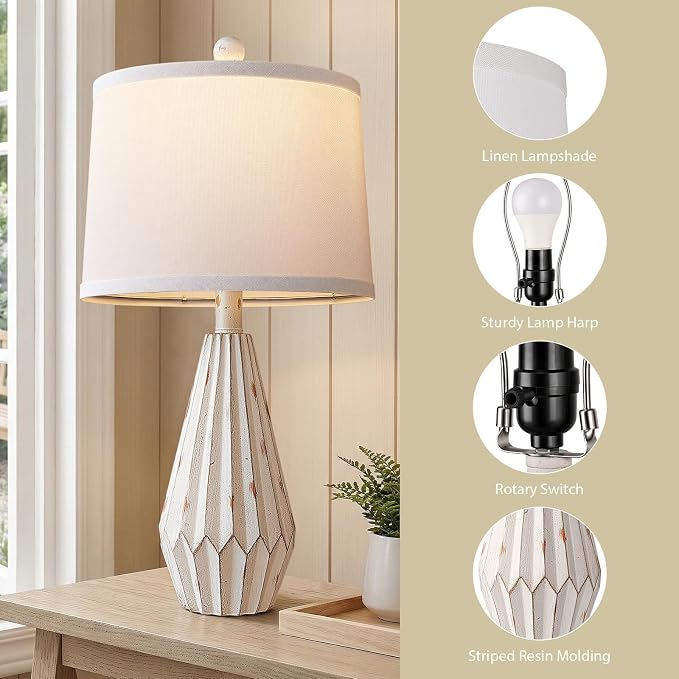 Hamucd Set of 2 Modern Farmhouse Lamp for Living Room, Beige Rustic Resin Beside Table Lamps with Linen Shade, Vintage Lamps for Nightstands Bedroom Entryway Decor
