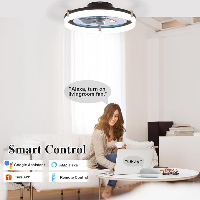 Smart Ceiling Fans with Lights Remote - 20'' WiFi Alexa Flush Mount Low Profile Modern Ceiling Fans for Bedroom - Stepless Color Temperature and 6 Speeds - Black