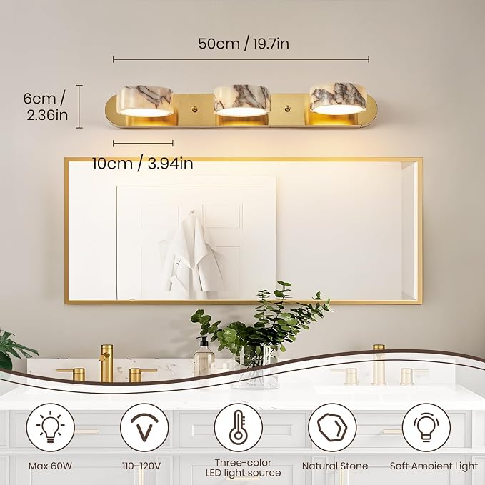 Natural Alabaster Bathroom Vanity Light, 3-Light Adjustable LED Bathroom Light Fixture with Gold Metal Base, 180° Rotatable Marble Wall Sconce for Bathroom Over Mirror, Hallway