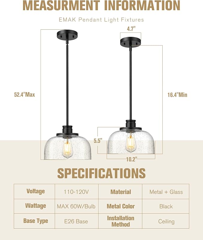 Emak Modern Black Pendant Light, 10 Inch Large Pendant Lights Kitchen Island with Seeded Glass Shade, Farmhouse Kitchen Island Lighting for Dining Room, Bathroom, Bar, PL131-BK-SG