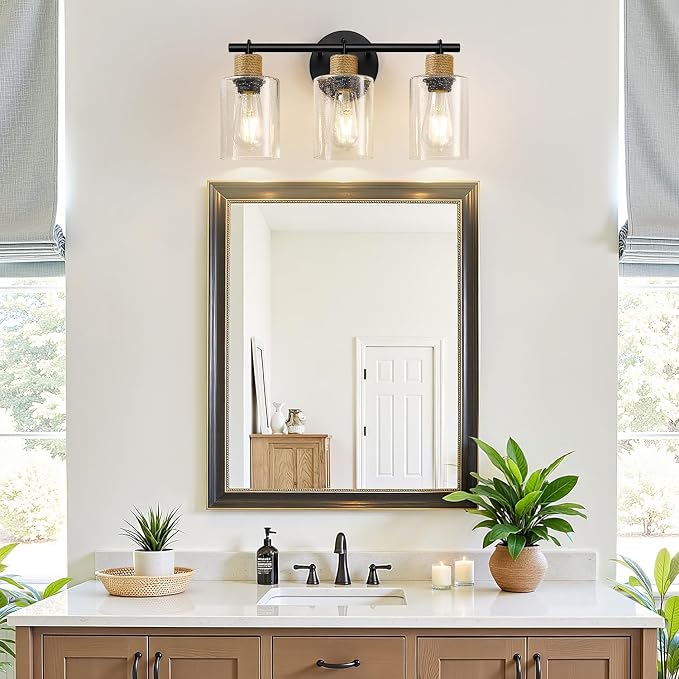 MOKATNG Bathroom Light Fixtures, 3-Light Coastal Vanity Lights with Seeded Glass, Black Bathroom Wall Lamp for Mirror Kitchen Cabinet Hallway