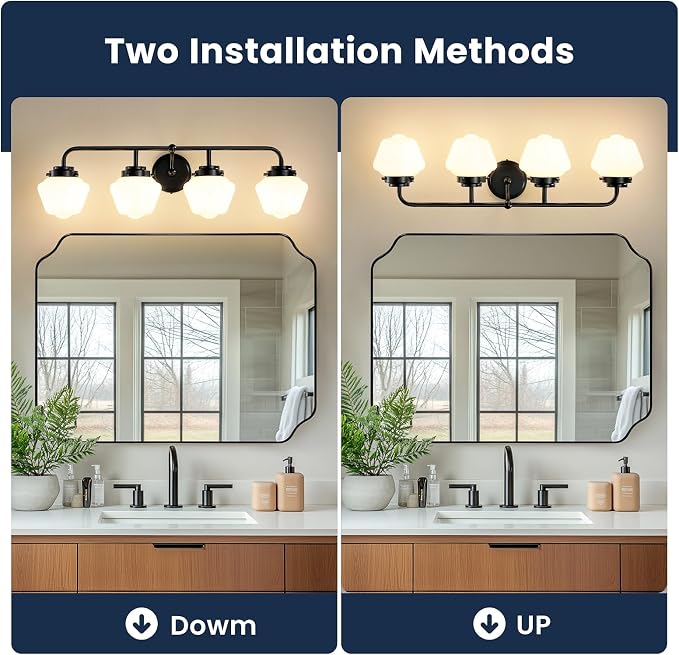 RUIYEY Bathroom Vanity Light Fixtures: 4-Light Matte Black Bathroom Lighting Fixtures Over Mirrors, Farmhouse Rustic Wall Sconce with Milky White Glass for Bath Living Room Cabinet