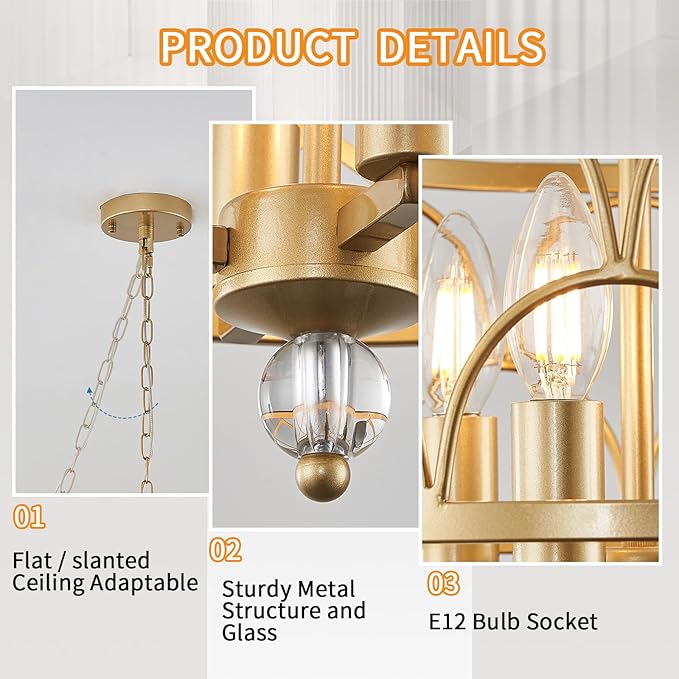 4-Light Gold Chandelier,12.6in Farmhouse Lantern Pendant Light Fixture,Adjustable Hanging Ceiling Lamp with E12 Socket,for Kitchen Island,Bedroom,Entryway,Dining Room