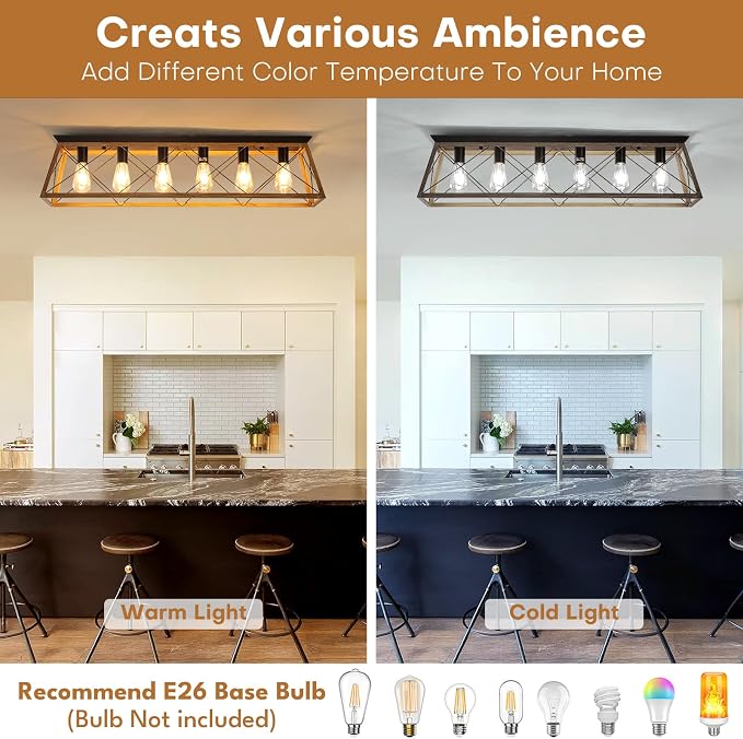 38” Farmhouse Large Flush Mount Ceiling Light Fixture with Walnut Finish | 6-Light Vintage Industrial Flush Mount Chandelier with Cage Design for Dining Room Kitchen Island Living Room Hallway