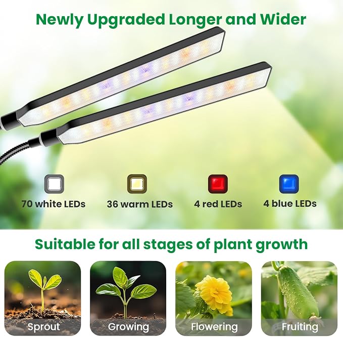 Aumtrly Clip on Grow Lights for Indoor Plants, 2 Head 114 LED Full Spectrum | for Seed Starting Growing, 6/12/16H Timer, 5 Dimming, 3 Light Modes, Flexible Gooseneck, Black Desk Plant Lamp with Clamp