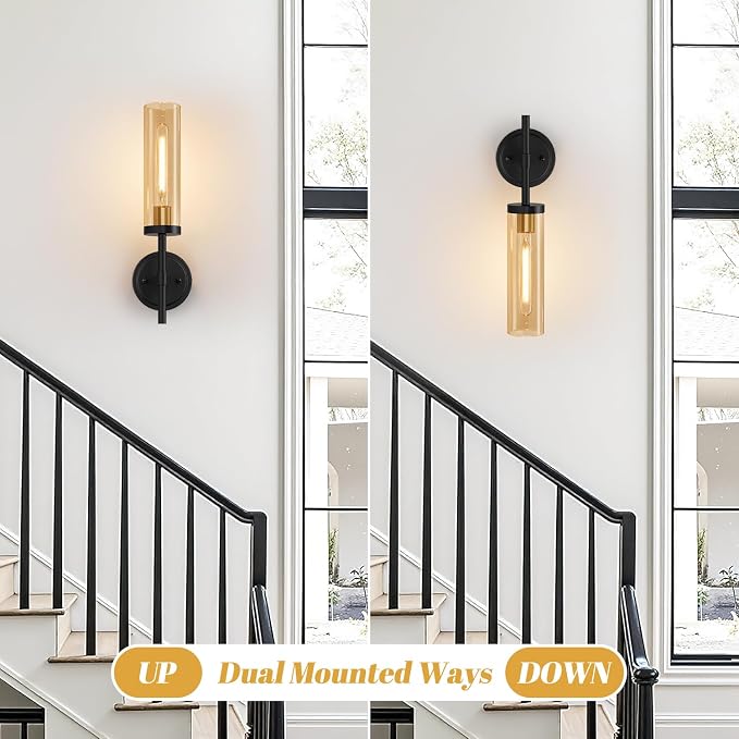 MOKATNG Hardwired Wall Sconces Set of Two, Black and Gold Bathroom Sconces with Amber Glass, Modern Wall Light Fixtures for Bathroom Mirror Vanity, Living Room, Hallway, Stairway, Cabinet, Foyer