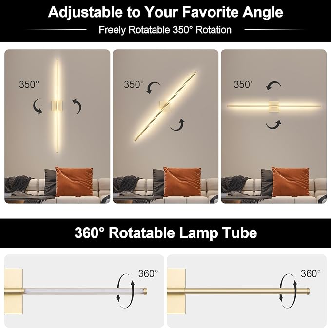 Battery Operated Wall Sconce, 3000K-6000K Dimmable Gold Wall Lights with Remote Control, Timable LED Wireless Wall Sconces, 350° Ratate for Bathroom, Living Room, Hallway 39.4 Inch 1 Pack