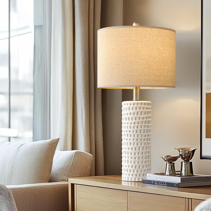 PORTRES 24" Farmhouse Ceramic Table Lamps Set of 2 for Bedroom Living Room | Bedside Lamps for Nightstand, Modern White Living Room Lamp Reading Office Dorm Accent End Table Lamps for Night Stands Decor