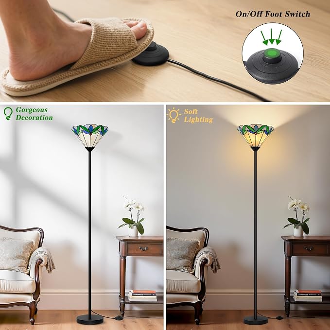 Stained Glass Floor Lamp with Tree Leaf Pattern, Vintage Style Torchiere Floor Lamp, Tall Corner Pole Lamp with Foot Switch, Antique Decorative Standing Reading Light for Living Room Bedroom(E26 Base)