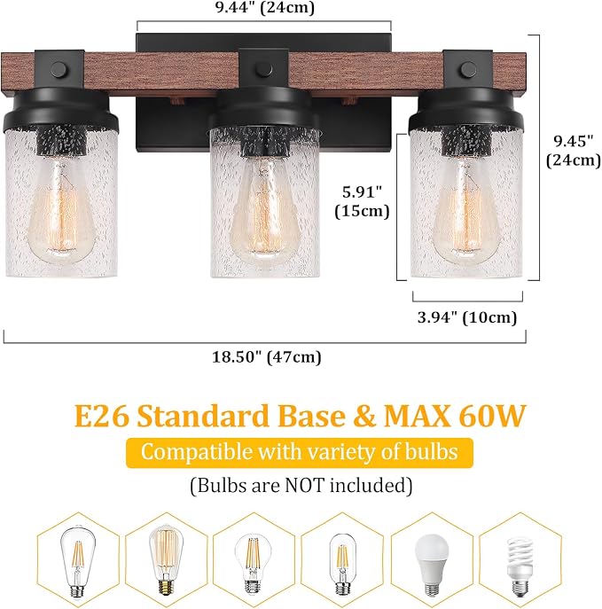3-Light Farmhouse Vanity Lights Bathroom Lighting Fixtures Over Mirror | Faux Wood Rustic Wall Mount Light with Clear Seeded Glass Shade,Industrial Black Metal Wall Sconces for Bathroom Living Room